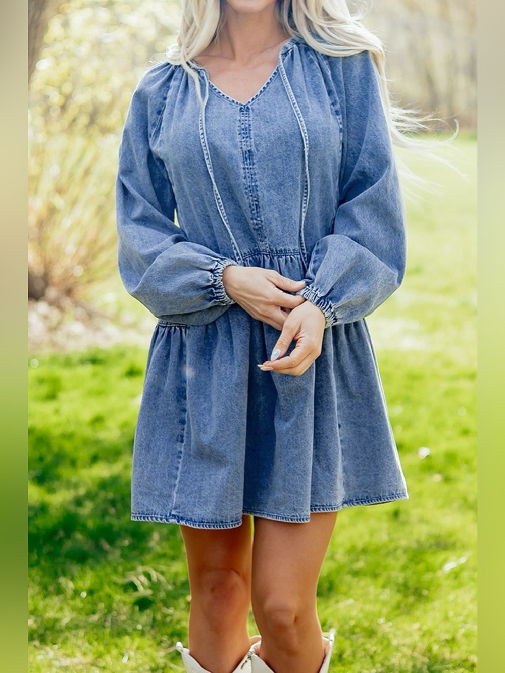 Puff Sleeve V Neck Ruffled Loose Denim Mini Dress